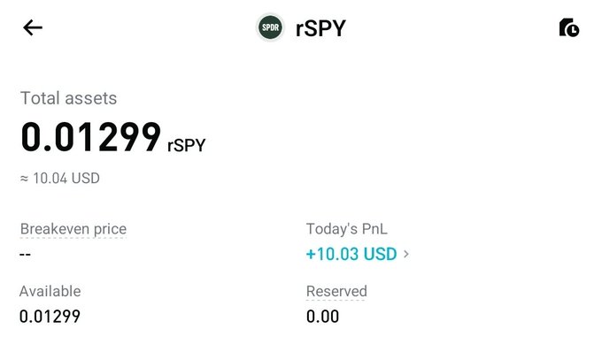 A crypto portfolio showing total assets of 0.01299 rSPY (~$10.04 USD) and today's PnL of +$10.03.