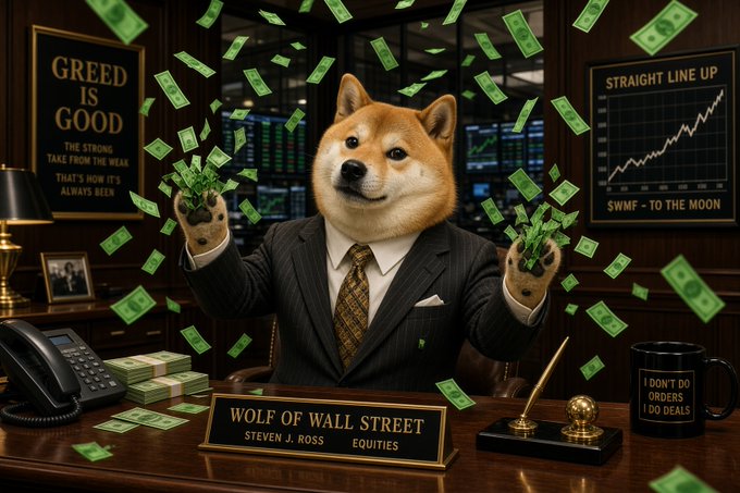 A Shiba Inu dog in a pinstripe suit sits behind a desk labeled "WOLF OF WALL STREET - STEVEN J. ROSS - EQUITIES," showered in falling cash amid "GREED IS GOOD" and "STRAIGHT LINE UP - $WMF TO THE MOON" wall art, with a coffee mug reading "I DON'T DO ORDERS I DO DEALS." The image perfectly captures the post's $DOGE hype by portraying the meme coin as a Wall Street titan who scoffs at selling, treating Dogecoin itself as the ultimate "money."