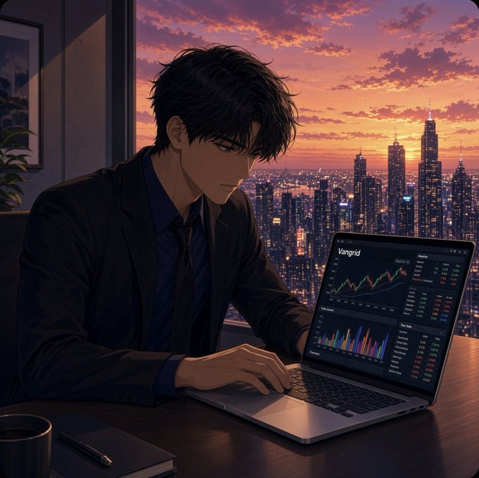 An anime-style illustration of a young man in a dark suit working on a laptop displaying stock charts, with the word "Vangrid" visible, set against a sunset cityscape skyline.