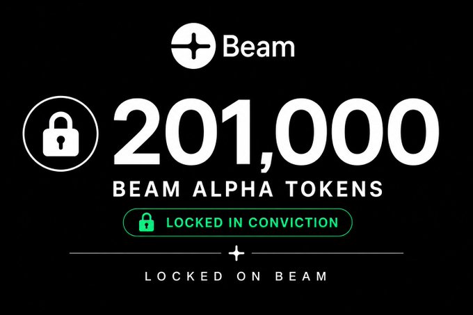 A graphic showing '201,000 BEAM ALPHA TOKENS' with 'LOCKED IN CONVICTION' and 'LOCKED ON BEAM' text, featuring the Beam logo and lock icon.