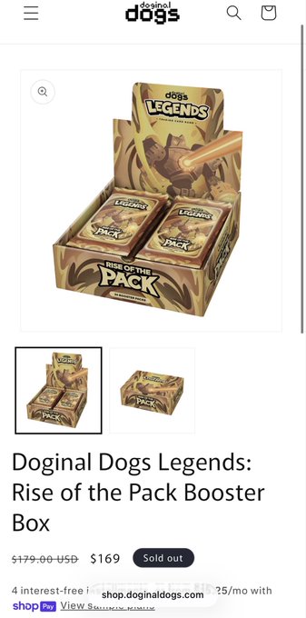 A mobile screenshot from the Doginal Dogs shop advertises the 'Doginal Dogs Legends: Rise of the Pack Booster Box' for $169, marked as sold out.