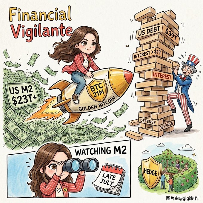 A cartoon-style 'Financial Vigilante' illustration showing a woman riding a 'Golden Bitcoin' rocket past stacks labeled 'US DEBT $39T' and 'INTEREST>$1T', with references to US M2 $23T+, BTC 21M, defense spending, and a 'WATCHING M2' panel for late July.