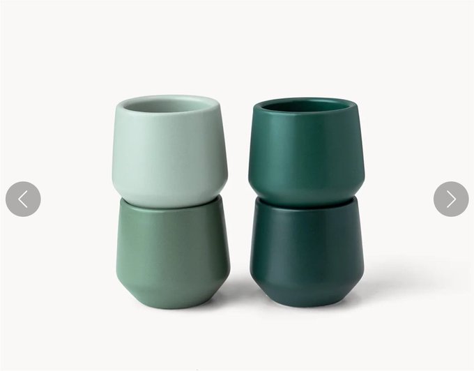 Two stacks of minimalist ceramic cups in shades of pale and deep green appear beside navigation arrows, visually representing the "Hyperliquid" brand's sleek, modern aesthetic and inviting viewers to choose how they take their coffee.