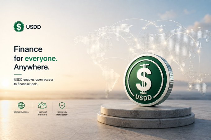 A promotional graphic for USDD cryptocurrency featuring a green coin with a dollar sign and the tagline "Finance for everyone. Anywhere."