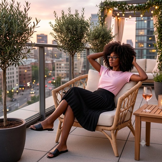 A woman with curly hair and glasses relaxes in a wicker chair on a rooftop terrace at sunset, wearing a pink top and black pleated skirt, with a glass of rosé wine on the side table and a city skyline in the background.