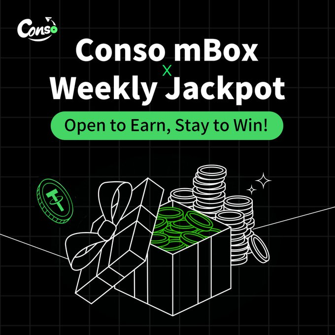A digital flyer from 'Conso' promotes a 'Conso mBox x Weekly Jackpot' event with the tagline 'Open to Earn, Stay to Win!', featuring line-art illustrations of a gift box and stacked coins.