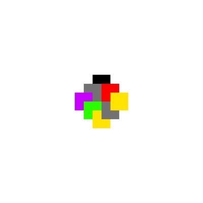 An abstract image of colorful, pixelated squares (red, yellow, green, black, gray, purple) clustered together on a white background.