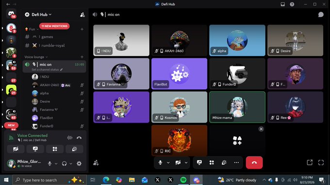A screenshot of a Discord server called 'Defi Hub' showing an active voice channel with multiple user avatars in a grid layout, including users like 'AKAH-2460', 'Favianna', and 'Mhize_mama'.