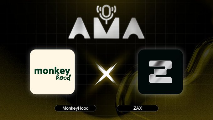 Promotional graphic for an AMA event featuring the MonkeyHood logo on the left and the ZAX logo on the right, separated by an X symbol under the 'AMA' header.
