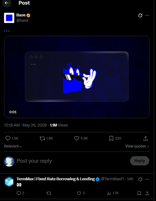 The image features a Twitter post with a blue cartoon character that appears to be waving at someone, possibly indicating a response or interaction from the user. The post also includes a link to a Twitter account named "PostYour Reply" and mentions a specific hashtag, "#TermMax". This suggests that the post is related to a discussion about TermMax or a similar topic on Twitter.