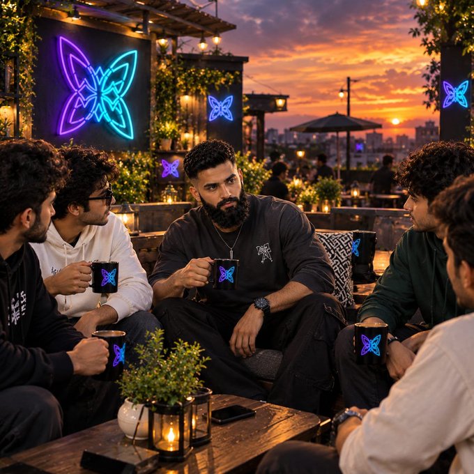 A group of young men sit around a table at an outdoor rooftop lounge at sunset, holding black cups with blue butterfly logos against a backdrop of neon butterfly signs.