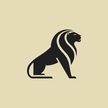 A minimalist logo depicting a black lion sitting in profile on a beige background.