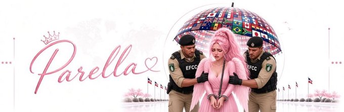 The banner shows the name "Parella" in elegant pink script with a crown and heart, alongside an image of a handcuffed woman in pink being escorted by two officers labeled "EFCC" under an umbrella of world flags. 

The image relates to the post by depicting a glamorous woman in pink being arrested by EFCC (Economic and Financial Crimes Commission) officers, which ties into the "$ARREST" token launch caption—symbolizing a "pink arrest" themed meme campaign.