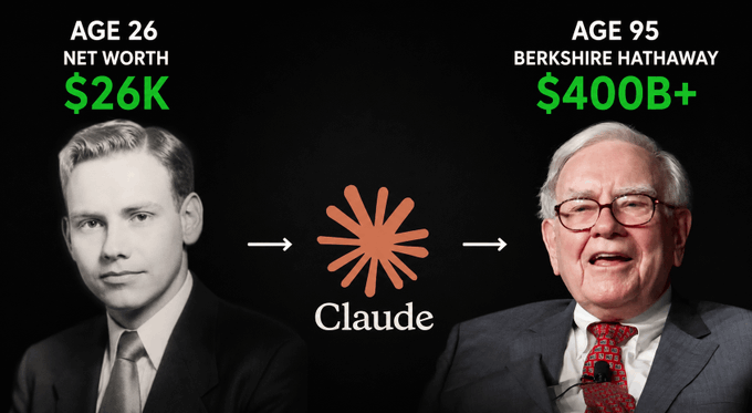 The image shows a side-by-side comparison of Warren Buffett at age 26 with a net worth of $26K and at age 95 leading Berkshire Hathaway with $400B+, with the Anthropic "Claude" logo in the middle between two arrows.

The visual frames Claude as the transformative tool that bridges Buffett's humble beginnings to his massive success, aligning with the post's pitch that someone is offering Buffett's decision-making framework for free.