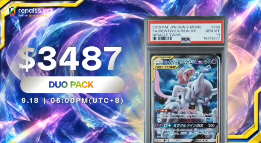 Advertisement showing a graded PSA 10 Mewtwo GX TAG TEAM Duo Pack priced at $3487 from a 2019 Japanese Sun & Moon set, with a date of 9.18 at 5:00PM (UTC+8).