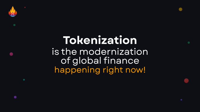 A dark promotional slide with text reading 'Tokenization is the modernization of global finance happening right now!' decorated with small colored dots.