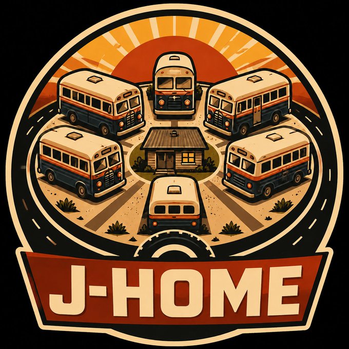 A vintage-style emblem features six retro buses arranged radially around a small wooden house against a desert sunset backdrop, with the text "J-HOME" displayed prominently on a banner below, visually representing the post's theme of the 1948 Japanese bus-housing origins being capitalized on by a rival Korean "K-HOME" token.