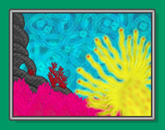 A colorful digital painting of an underwater coral reef scene, framed and displayed against a green background.
