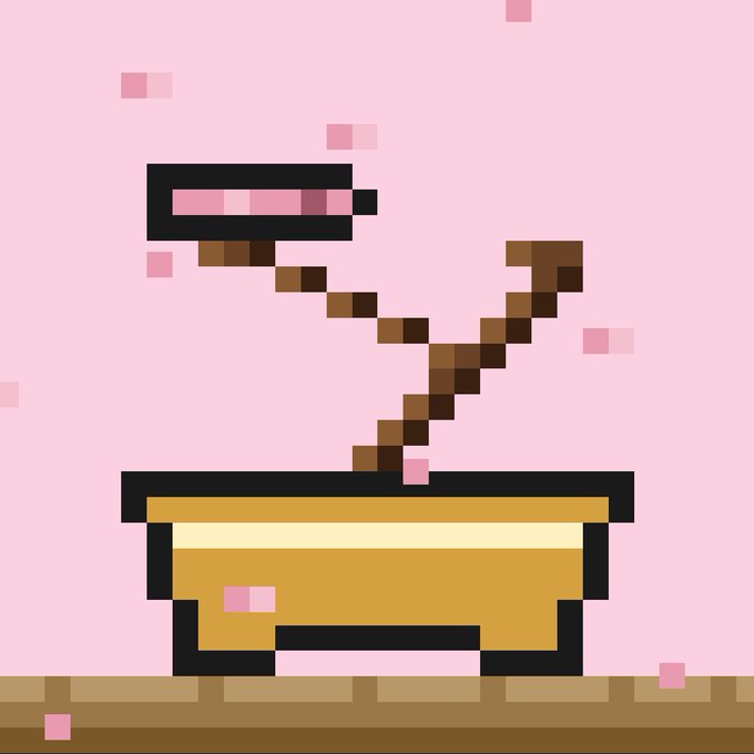 A pixel art illustration on a pink background depicting a pickaxe striking a yellow block, with scattered pink pixel particles representing falling debris from a tree being mined.