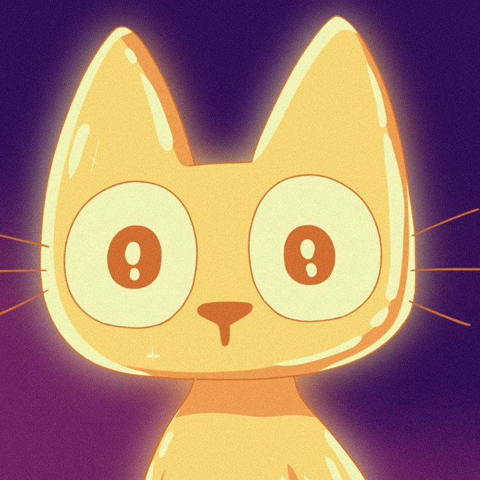An illustrated cartoon of a yellow cat with large surprised eyes set against a purple background.