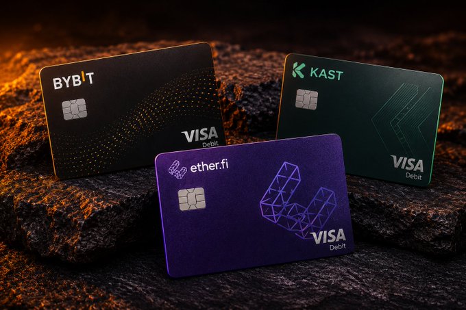 Three cryptocurrency Visa debit cards branded 'BYBIT', 'KAST', and 'ether.fi' displayed on dark rocky terrain with an orange glowing background.