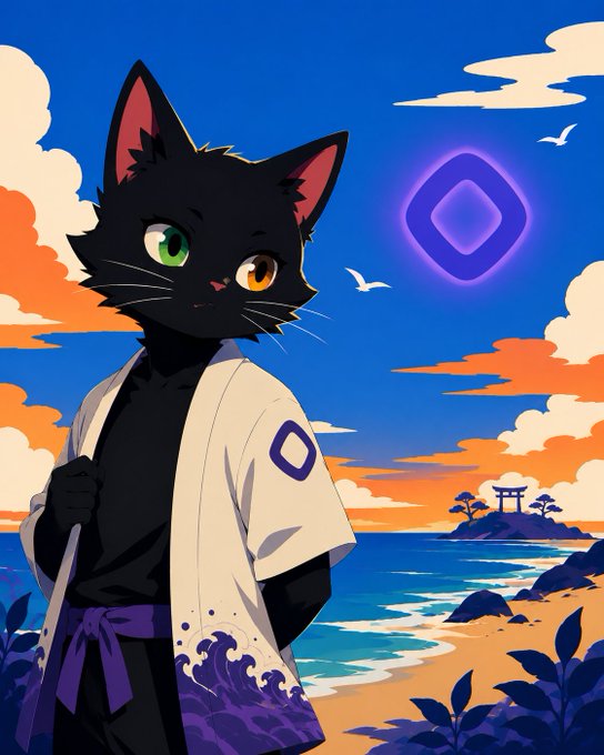 An anime-style illustration of a black cat with heterochromia (green and yellow eyes) wearing a white and purple kimono, standing against a sunset beach backdrop with a glowing purple portal.