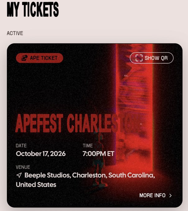 A digital ticket confirmation screen showing 'MY TICKETS' with an 'APE TICKET' for 'APEFEST CHARLESTON' on October 17, 2026, at 7:00PM ET at Beeple Studios, Charleston.