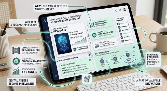 A digital dashboard concept image on a tablet displays an 'INTERACTIVE DIGITAL OWNERSHIP' and 'A.I. OWNER-ASSET DASHBOARD' interface for 'NEXUS-4 ID', with annotations like 'WEB3: NFT CAN REPRESENT MORE THAN ART' and 'REDEFINING OWNERSHIP'.