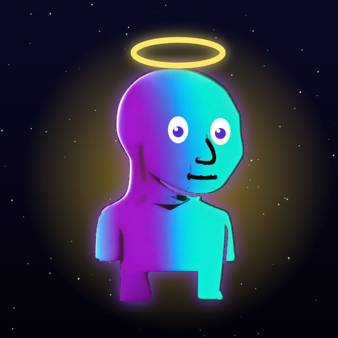 The image shows a colorful cartoon figure standing against a backdrop of blue space with white stars, giving it an alien appearance. The figure has two faces and a body painted in purple and teal colors. There are words above and below the picture that provide information about the character depicted, such as "清塞硬知" which translates to "I love God", "首" meaning "leader" or "master", and "钻石手" representing "boy". The overall scene is a playful and imaginative representation of the character's journey.
