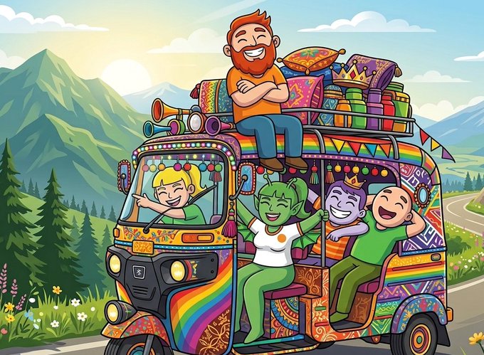 The image features a colorful cartoon illustration of a group of people riding an open-top auto rickshaw with a rainbow design. The characters are smiling and enjoying their ride, surrounded by mountains and trees. In the background, there's a sunset that adds to the overall atmosphere of the scene. The post about Web3 infrastructure is related to this image as it highlights how real-world applications can be designed to resemble cartoon-like elements for user engagement and accessibility.