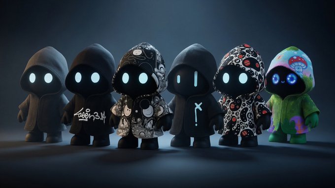A lineup of six small hooded figures with glowing white eyes in various outfits including black hoodies, patterned designs, and a green mushroom-themed suit, displayed against a dark background.