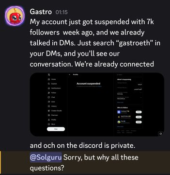 A Discord message from user "Gastro" claims their account with 7k followers was suspended, showing a screenshot of a suspended account notification tagged @Solguru, with the poster questioning the verification process. The post context reveals this is allegedly an impersonator posing as an OCH community manager, urging others to unfriend and report the account.