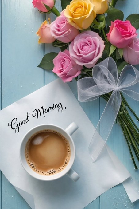 A flat-lay photograph featuring a bouquet of pink and yellow roses tied with a white ribbon beside a cup of coffee on a napkin inscribed with 'Good Morning', all arranged on a light blue wooden surface.