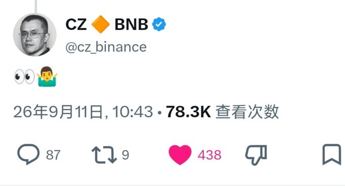 A tweet from CZ (Changpeng Zhao), the founder of Binance with the handle @cz_binance, contains only two emojis (👀 and 🙋‍♂️) and was posted on September 11, 2026, receiving 78.3K views, 87 replies, 9 retweets, and 438 likes. The simple, emoji-only response from the high-profile crypto figure likely prompted the post author's commentary about hoping for a more meaningful reply.