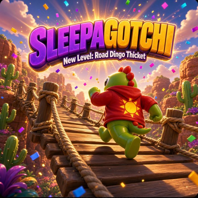 A colorful promotional image titled 'SLEEPAGOTCHI - New Level: Road Dingo Thicket' showing a green dinosaur-like character in a red hoodie running across a wooden suspension bridge in a desert landscape.