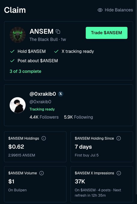 A cryptocurrency claim interface for $ANSEM (The Black Bull) showing holdings of $0.62, 2.99615 ANSEM, 4.4K followers for @Oxrakib0, and 37K X impressions.