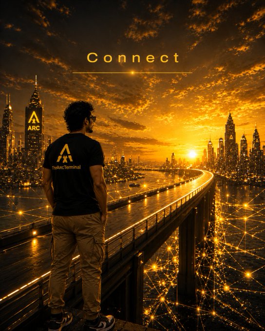 The image features a man standing at the edge of a bridge, looking out over a cityscape that includes buildings lit up with yellow lights. The text "Connect" is written above him, suggesting he might be waiting for someone or just taking a moment to appreciate his surroundings. The phrase "A future you can actually see @TheARCTERMINAL is not just an AI platform It is the bridge between where we are and where we are going" implies that this city could potentially have advanced technology integrated into its infrastructure, such as artificial intelligence systems for traffic management or other applications.