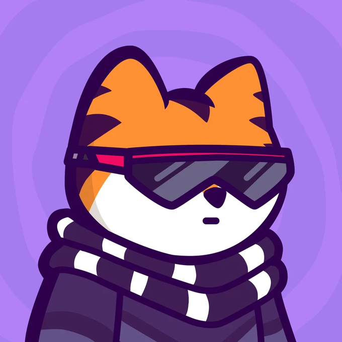 A cartoon fox character wearing futuristic black sunglasses and a black-and-white striped scarf is shown against a purple background. The image relates to the post by representing the "Fox" mascot of the @FamousFoxFed collection, visually tying into the message about securing the Fox NFT and showcasing the project's cool, stylized brand identity.