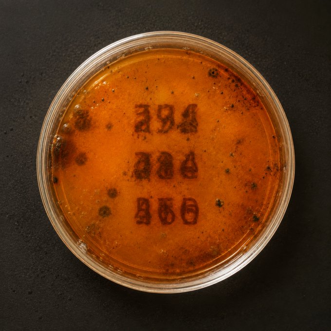 A top-down view of a clear container holding an orange-brown liquid with dark spots, displaying reversed/mirrored text that reads 'ARE YOU OK?' across the surface.