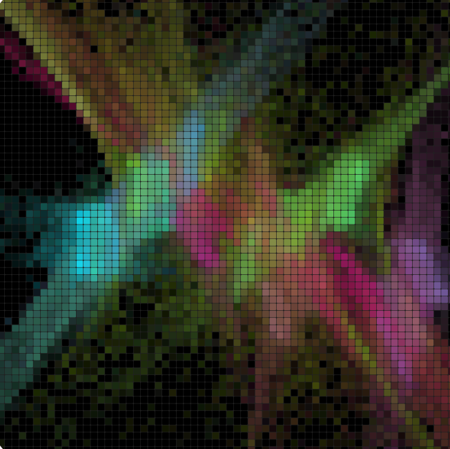 An abstract pixelated/mosaic artwork composed of colorful squares creating a rainbow-like pattern of pinks, greens, blues, and dark tones.