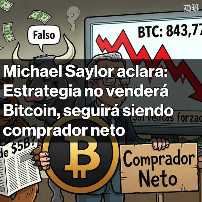 The image is a cartoon-style illustration featuring Michael Saylor holding a "Comprador Neto" (Net Buyer) sign alongside a Bitcoin logo and a sharp downward BTC price chart labeled "BTC: 843,77," with a bull character saying "Falso." The overlaid headline reads "Michael Saylor aclara: Estrategia no venderá Bitcoin, seguirá siendo comprador neto," which aligns with the post by illustrating Saylor's rebuttal to forced BTC sale rumors and emphasizing MicroStrategy's continued net accumulation of 843,775 BTC despite bearish market sentiment.