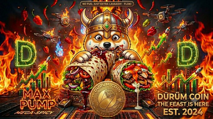 The image features a large poster with a cartoon dog holding two burritos, one of which has a coin on top. The background of the poster is black with flames and other elements related to cryptocurrency or Bitcoin. The caption below the poster reads "DURUM COIN", possibly referring to the coin used in the game "Floki".