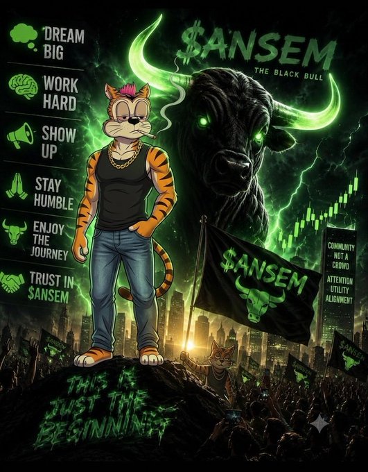 A vibrant green-themed crypto promotional poster featuring an anthropomorphic tiger character smoking a cigar, labeled '$ANSEM THE BLACK BULL', with motivational slogans like 'DREAM BIG', 'WORK HARD', and 'SHOW UP' displayed on the left.