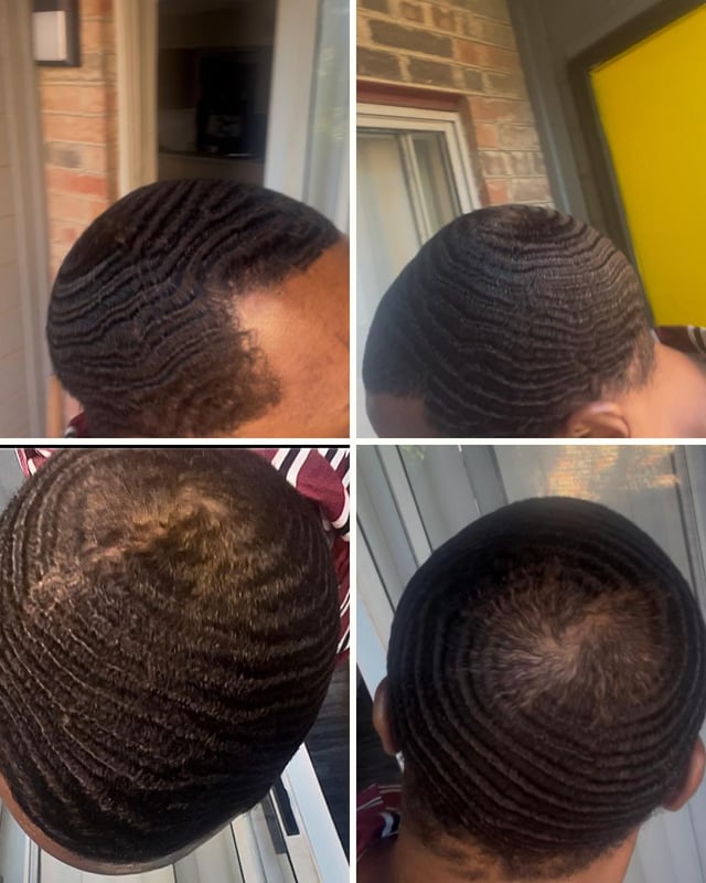 A four-panel collage shows the progression of 360 waves (a hair-wave hairstyle created by brushing the hair in circular patterns) on the same person's head at different stages of growth and definition, ranging from visible scalp texture to tighter, more defined wave patterns with improved crown coverage. The progression illustrates how the "spinning" (brushing technique) gradually improves definition over time, humorously compared to the gradual improvement of a crypto project—just like the four phases of wave development, the "spinning" of a coin requires patience before results become visible.