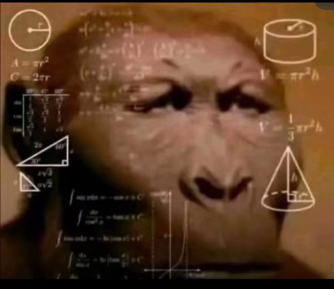 A close-up of a monkey's face overlaid with various mathematical formulas, geometric diagrams including a cylinder and cone, and equations for area, circumference, and volume.
