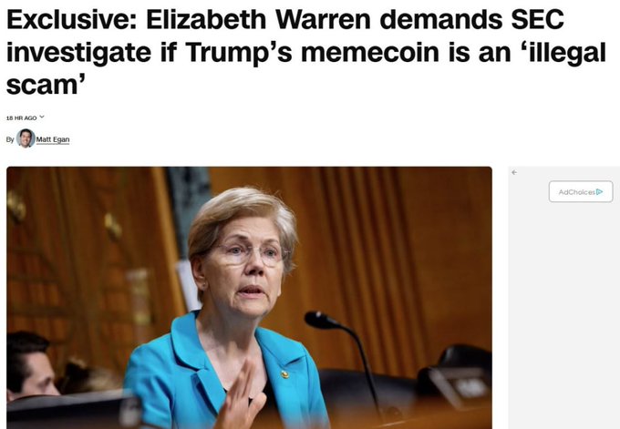 News headline reading 'Exclusive: Elizabeth Warren demands SEC investigate if Trump's memecoin is an illegal scam' by Matt Egan, accompanied by a photo of Senator Elizabeth Warren speaking at a hearing.