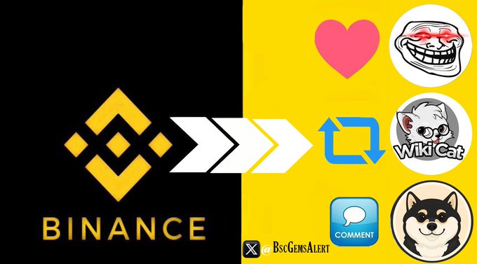 A promotional graphic for Binance cryptocurrency exchange featuring the company logo on a black background with arrows pointing toward various social media icons including Wiki Cat, Comment, and a heart, with 'BSCGemsAlert' text at the bottom.
