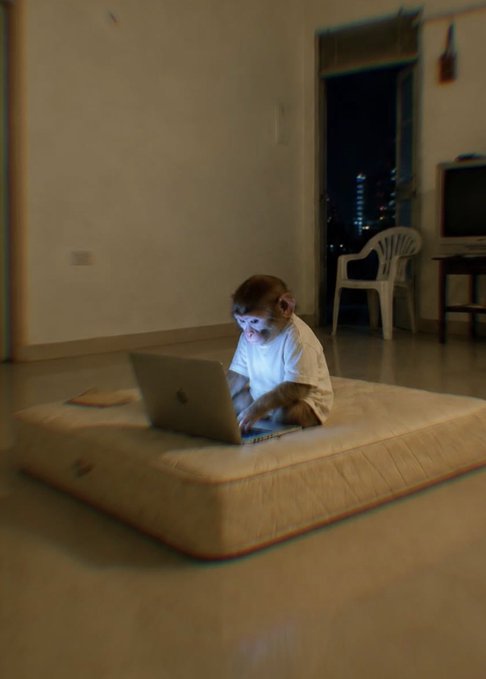 A young monkey sits on a beige floor mattress using a small laptop in a dimly lit room, with a plastic chair and open doorway visible behind it.