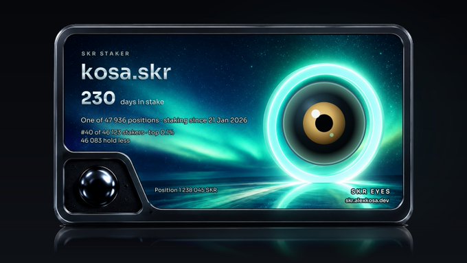The image shows an SKR staking card for "kosa.skr" displaying "230 days in stake," noting the user is "One of 47,936 positions" and "#40 of 46 123 stakers · top 0.1%" with "46 083 hold less," alongside a glowing teal "SKR EYES" eye graphic. The caption directly corresponds to the post, highlighting the staker's top 0.1% ranking and extended 230-day staking commitment.
