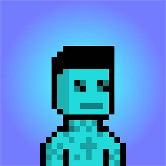 A pixel art portrait of a figure with a teal face and shirt with black accents, set against a light blue gradient background.